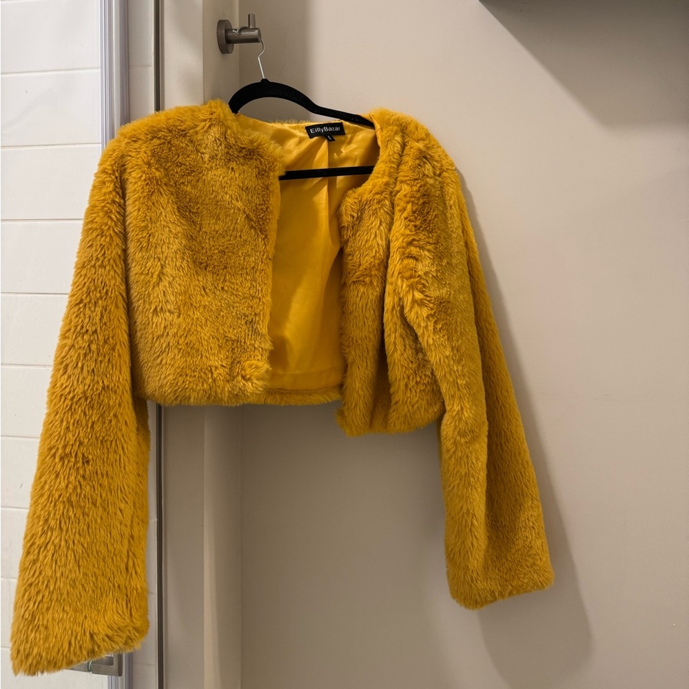 Fashion Nova Yellow Faux Fur Cropped Jacket